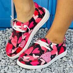 Women's Love Heart Pattern Canvas Casual Lace Up Flat Sneakers