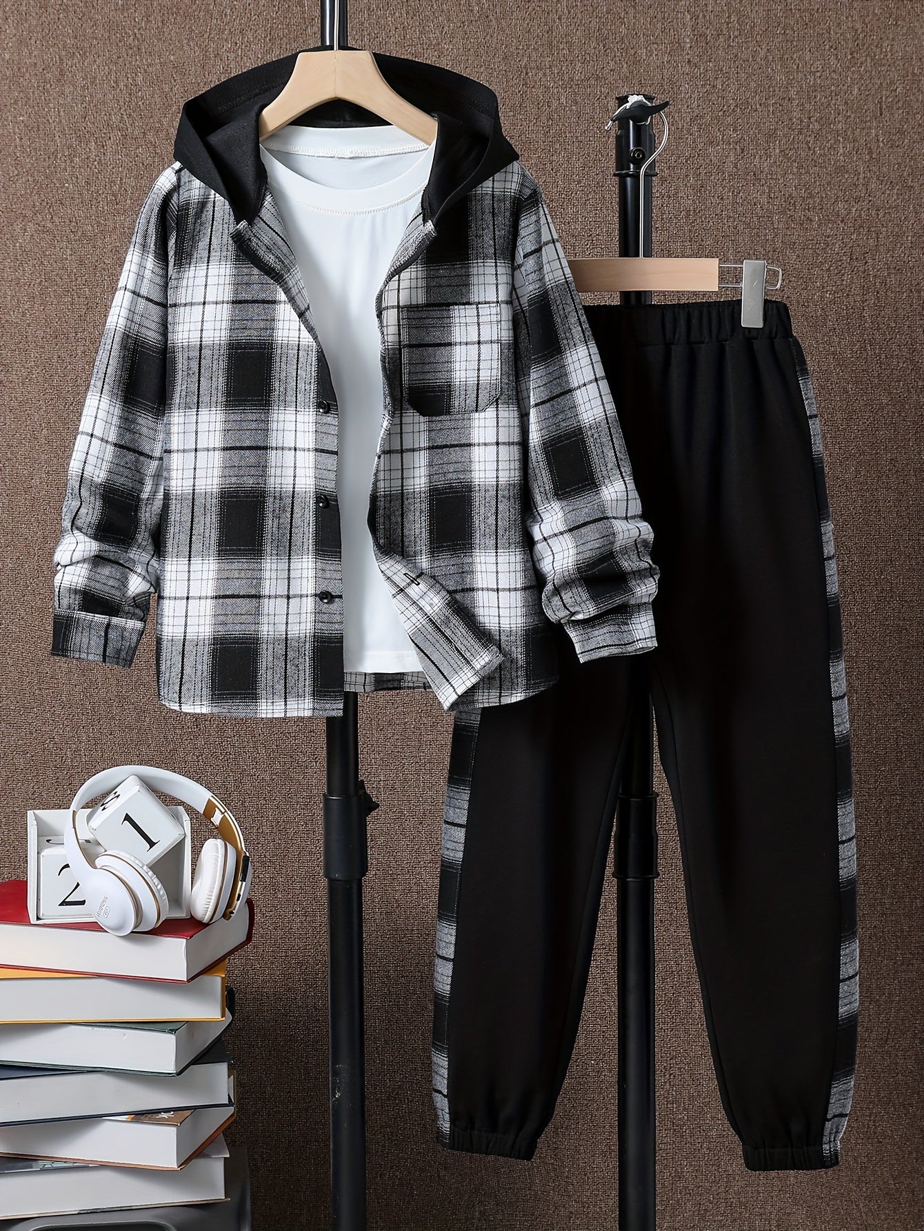 Boy's Plaid Hooded Shirt & Sweatpants Set Street Style Outfits