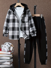 Boy's Plaid Hooded Shirt & Sweatpants Set Street Style Outfits
