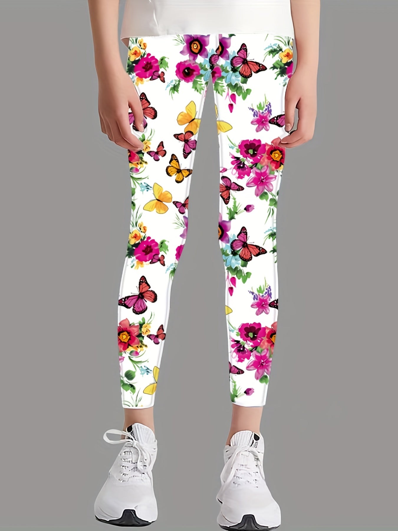 Girls Butterfly Flower Print Leggings Outdoor Casual Stretchy Pants