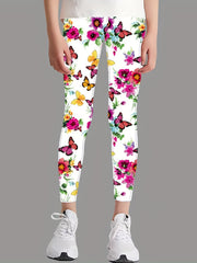 Girls Butterfly Flower Print Leggings Outdoor Casual Stretchy Pants