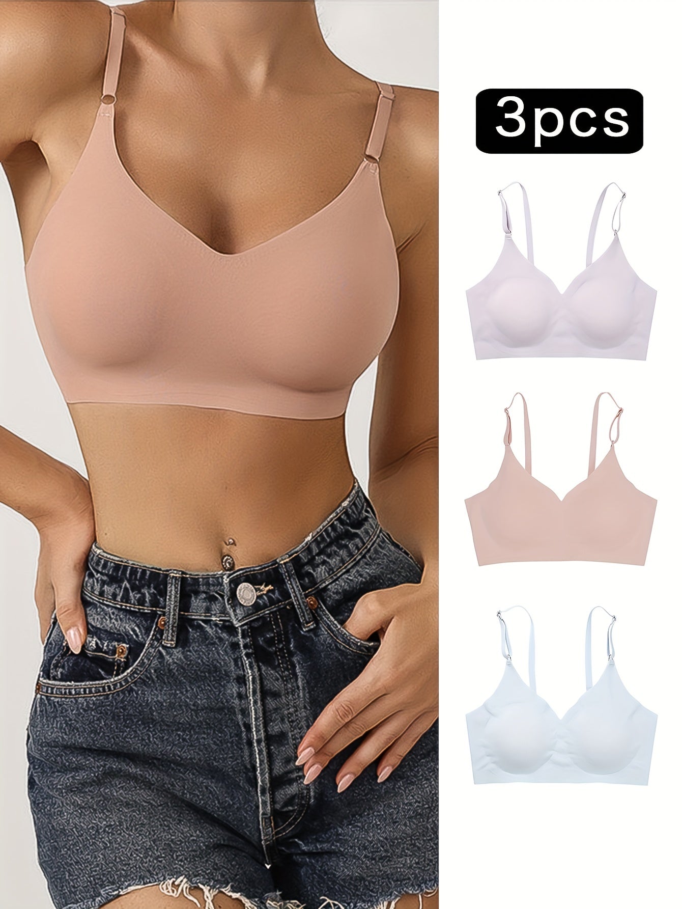3pcs Seamless Wireless Bras Comfy & Breathable Women's Intimates