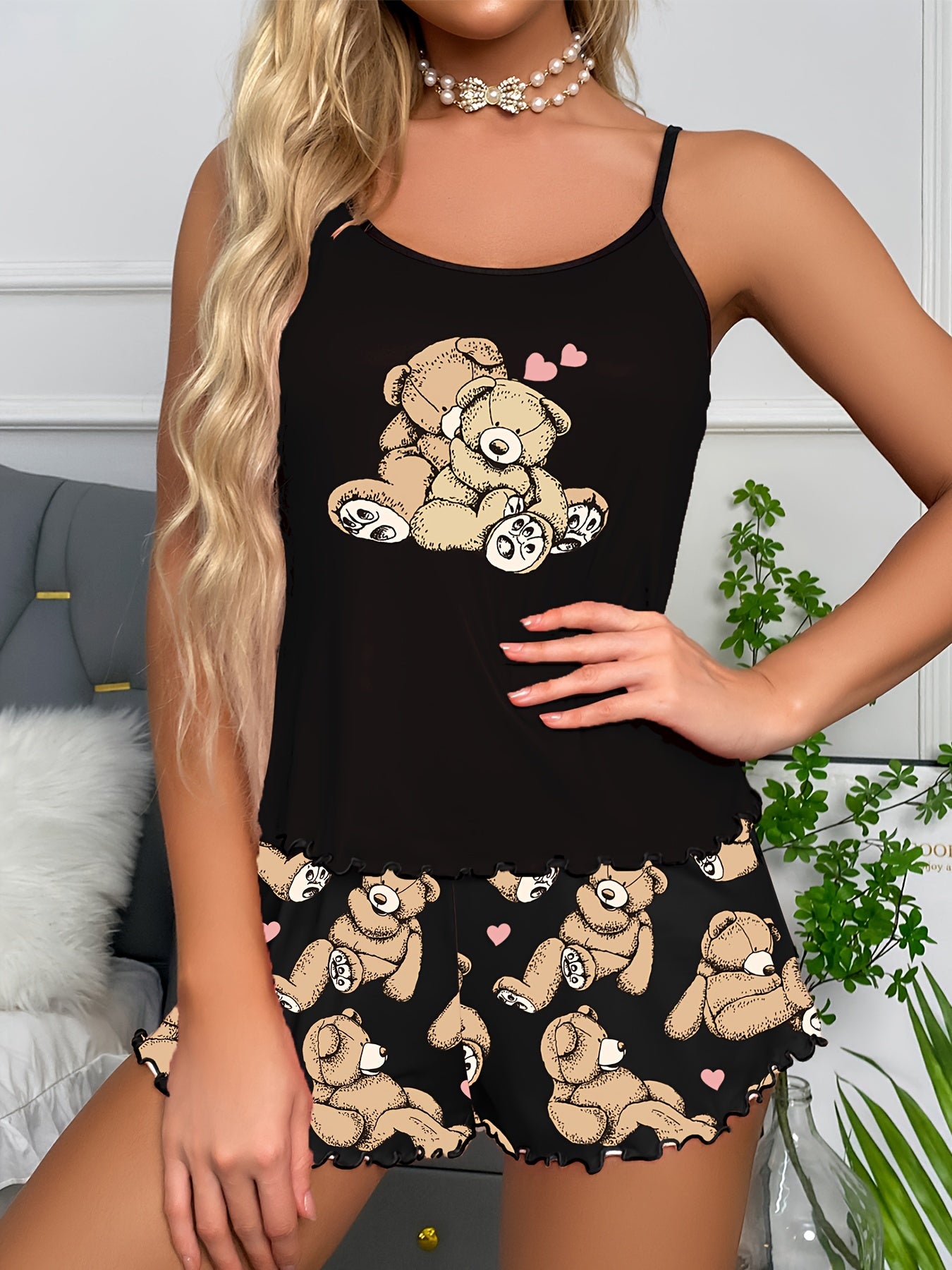 Bear Print Pajama Set Cami Top & Shorts