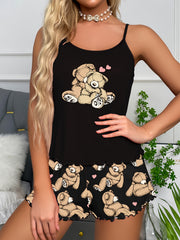 Bear Print Pajama Set Cami Top & Shorts