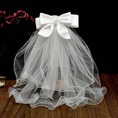 Tulle Bridal Veil Headpiece with Bow Wedding Hair Accessory