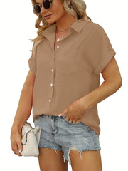 Solid Button Up Short Sleeve Blouse