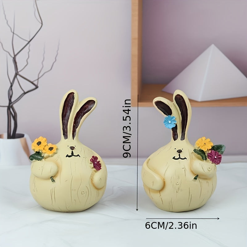 Easter Resin Decorations - Rabbit & People Picking Flowers - Rural Style