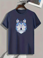 Geometric Wolf Print Men's Comfy T-shirt for Outdoor Summer