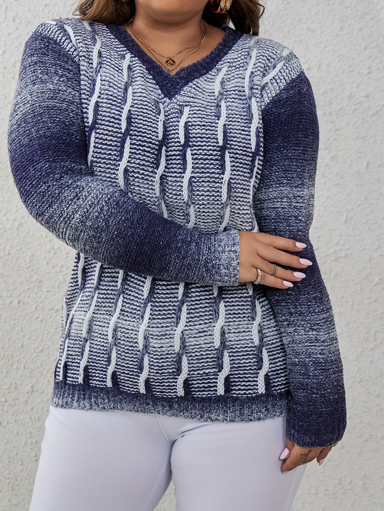 Women's Plus Ribbed Knit V-Neck Sweater Long Sleeve Pullover Jumper