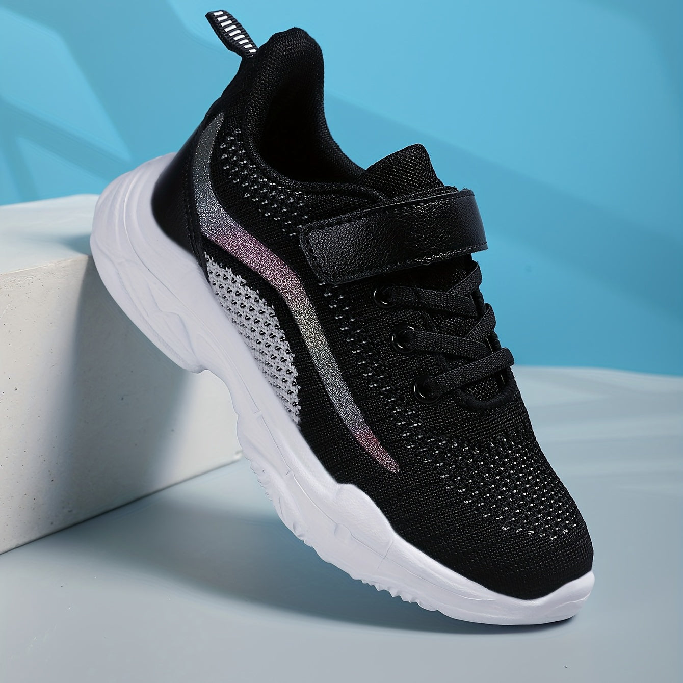 Girls Glitter Striped Lace-up Sneakers Breathable Lightweight Non-slip Shoes
