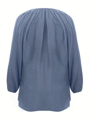 Solid Ruched Lantern Sleeve V Neck Top