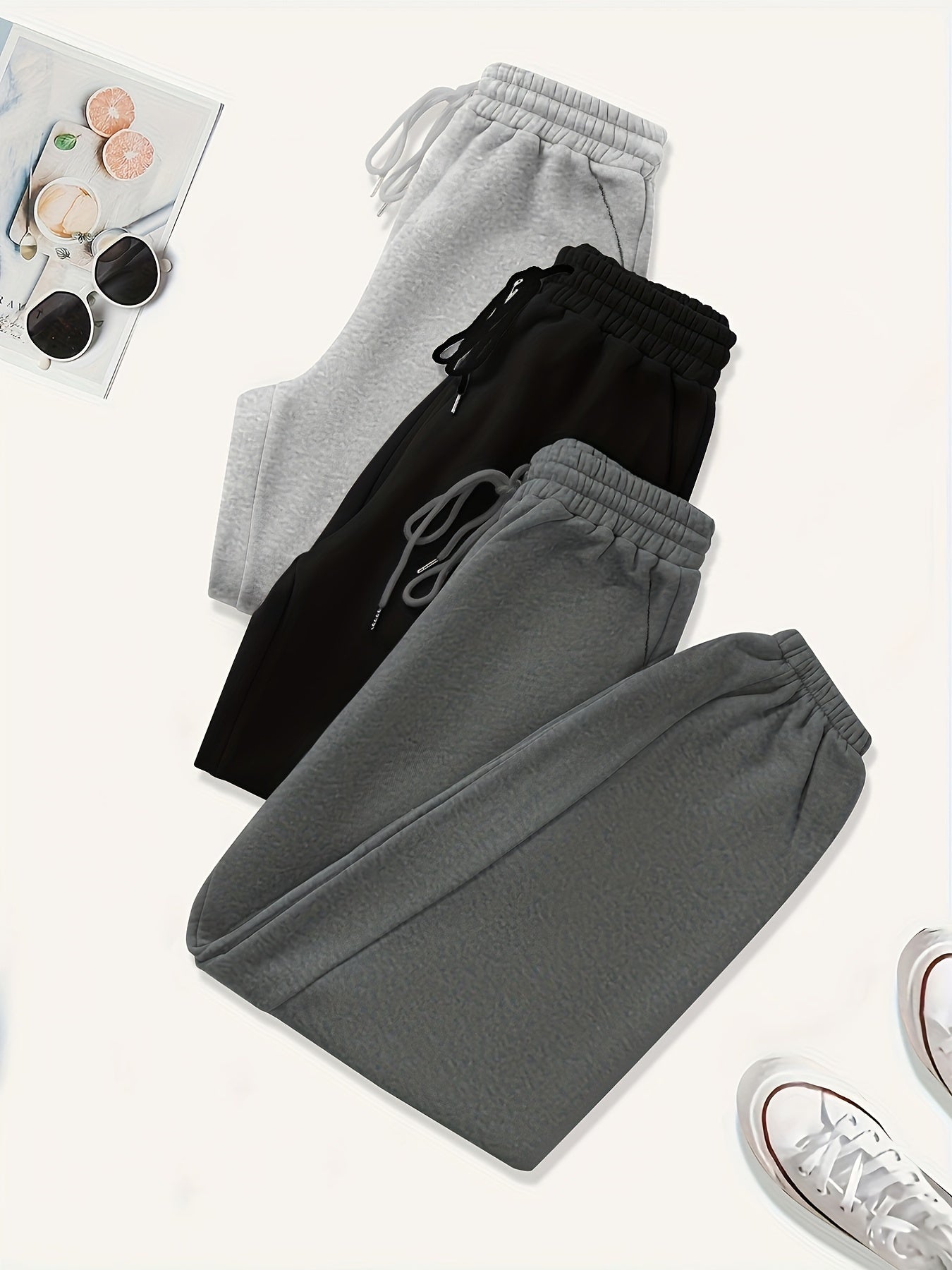 3 Pack Plus Size Basic Pants Women's Plus Solid Elastic Drawstring Hig...