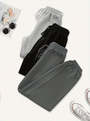 3 Pack Plus Size Basic Pants Women's Plus Solid Elastic Drawstring Hig...
