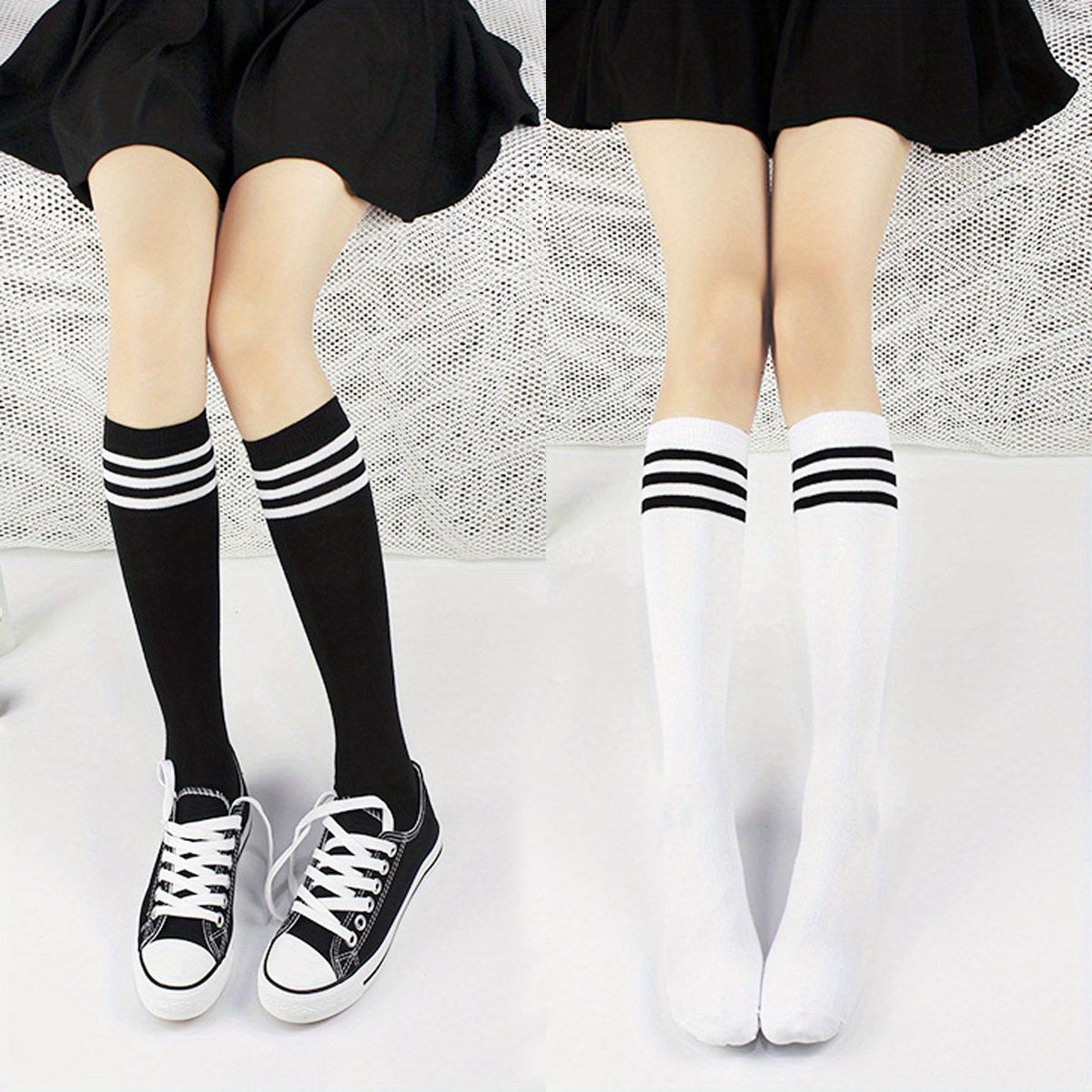 Striped Trim Calf Socks Women's Knee High Stockings