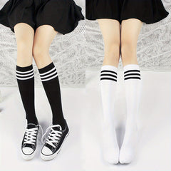 Striped Trim Calf Socks Women's Knee High Stockings