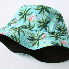 Flamingo Coconut Tree Bucket Hat Lake Cartoon Print Fisherman Cap
