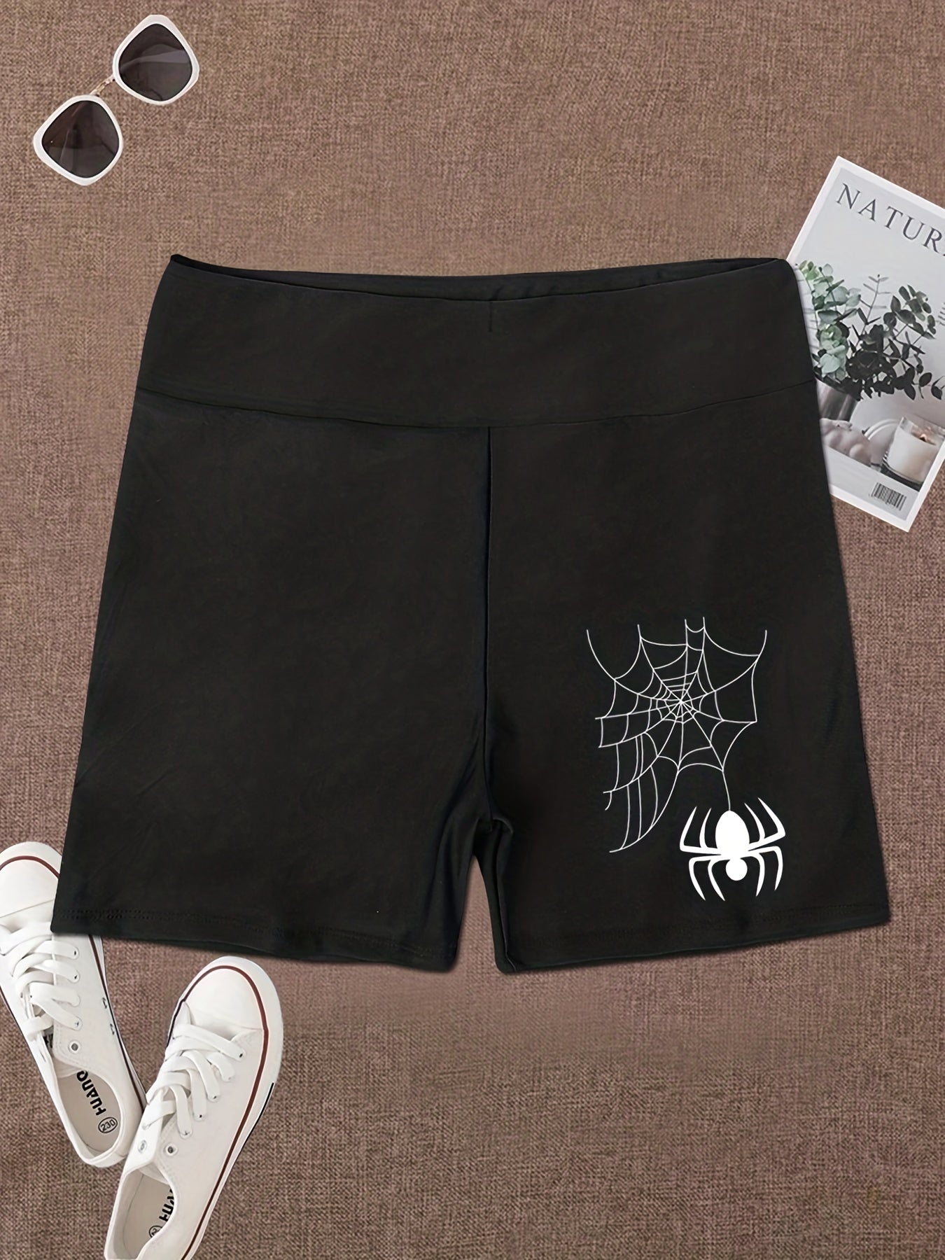 Spider Print Biker Shorts High Waist Slim Sports Casual Short