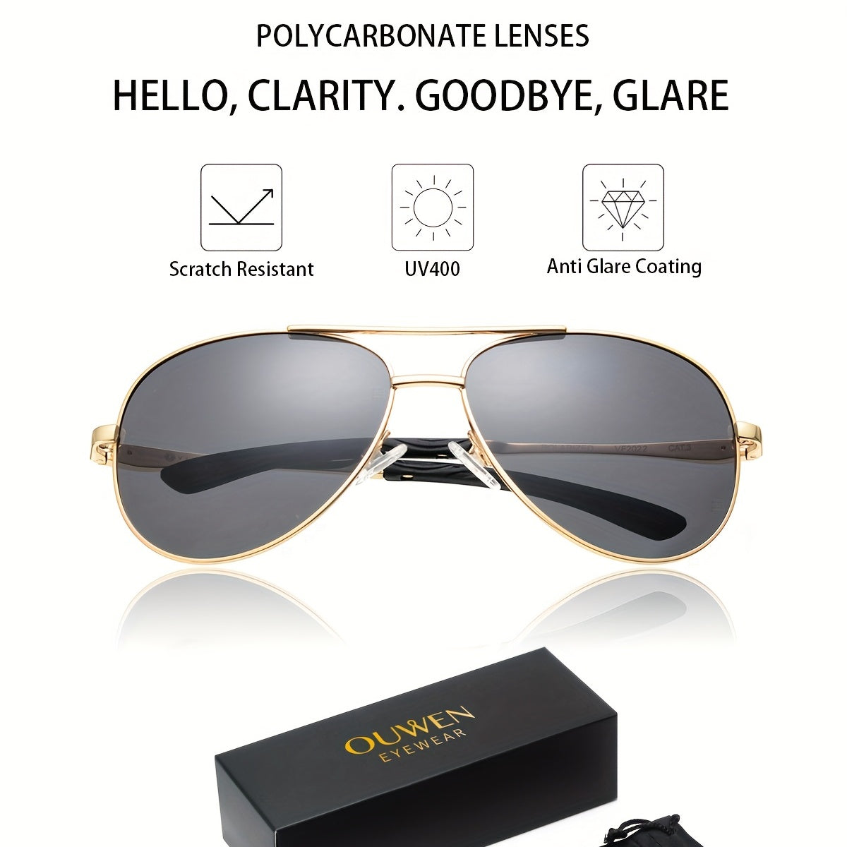 OUWEN Aviator Sunglasses Men Metal Frame UV Protection Gray Lens