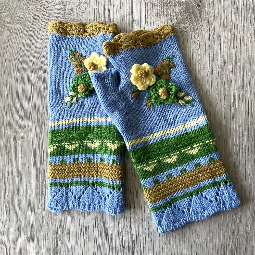 Womens Winter Fingerless Gloves Crochet Arm Warmer Flower Warm Gloves