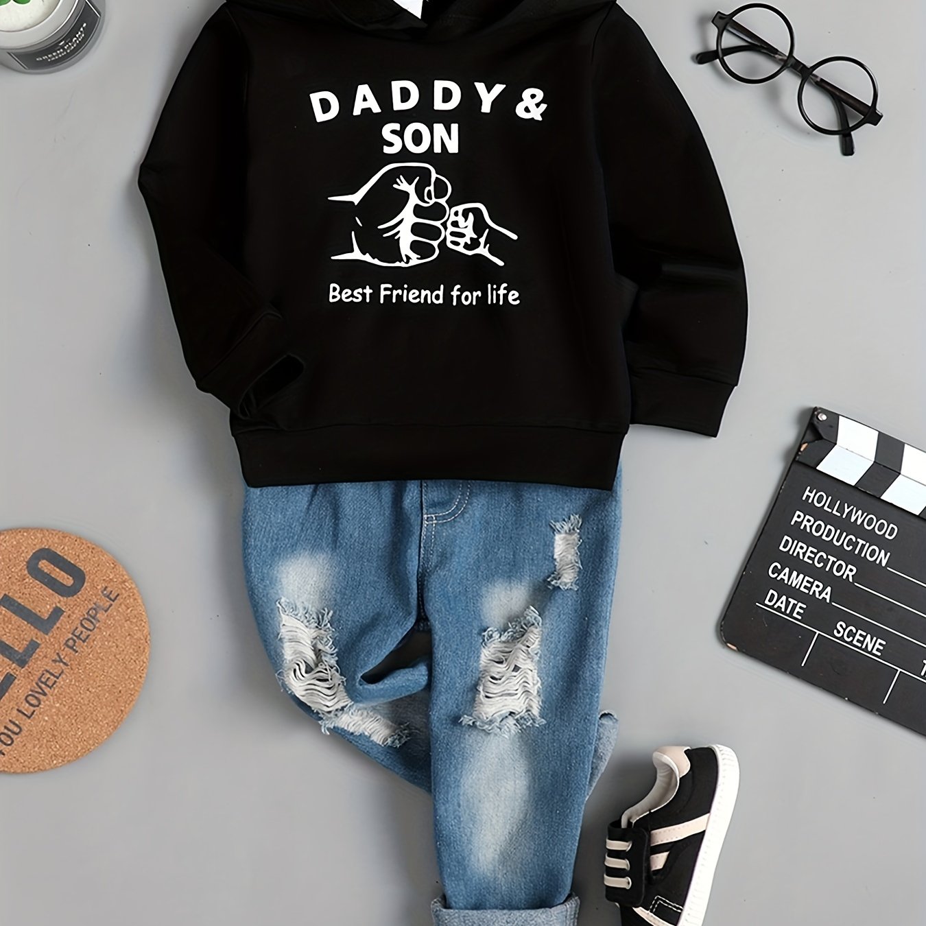 DAD SON Fist Graphic Print Boys Long Sleeve Hooded Sweatshirt&Denim Pants Set