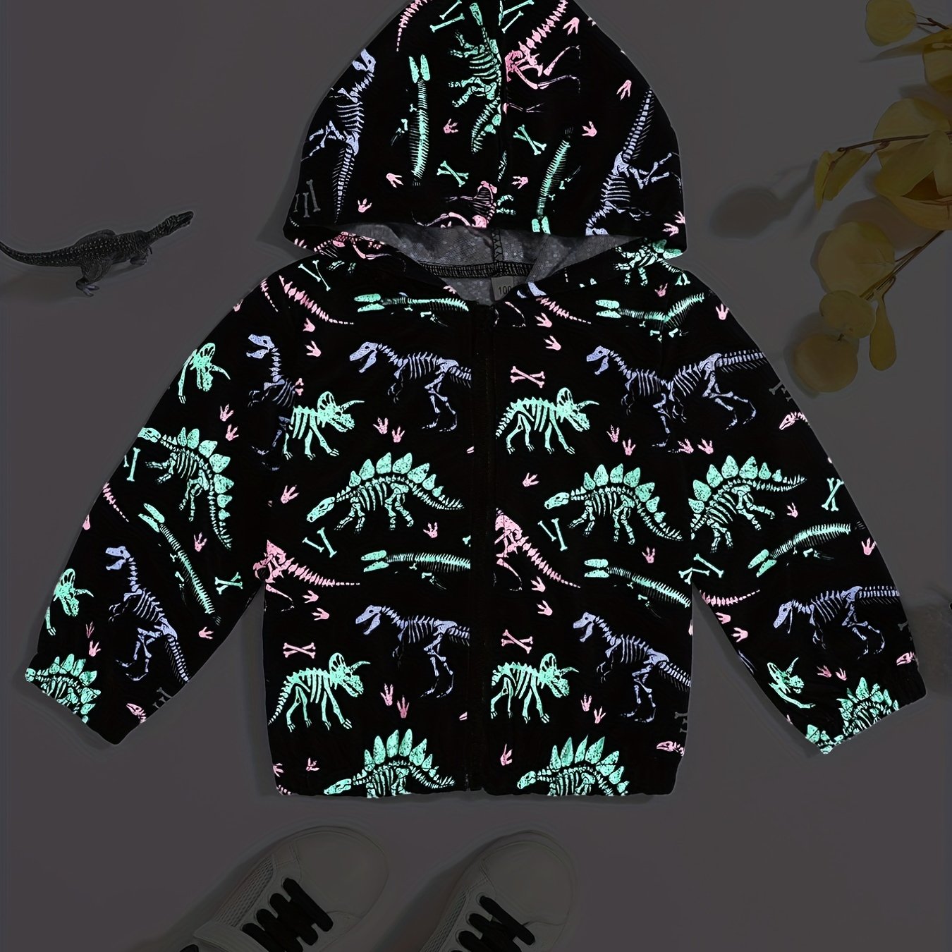 Luminous Dinosaur Print Boys Hoodie Zip Sweatshirt Pocket