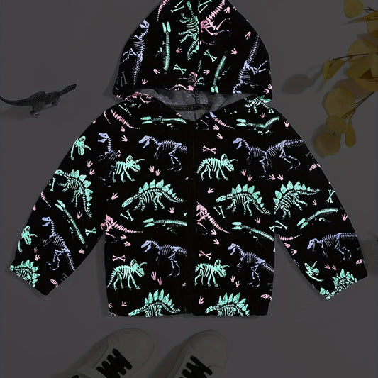 Luminous Dinosaur Print Boys Hoodie Zip Sweatshirt Pocket