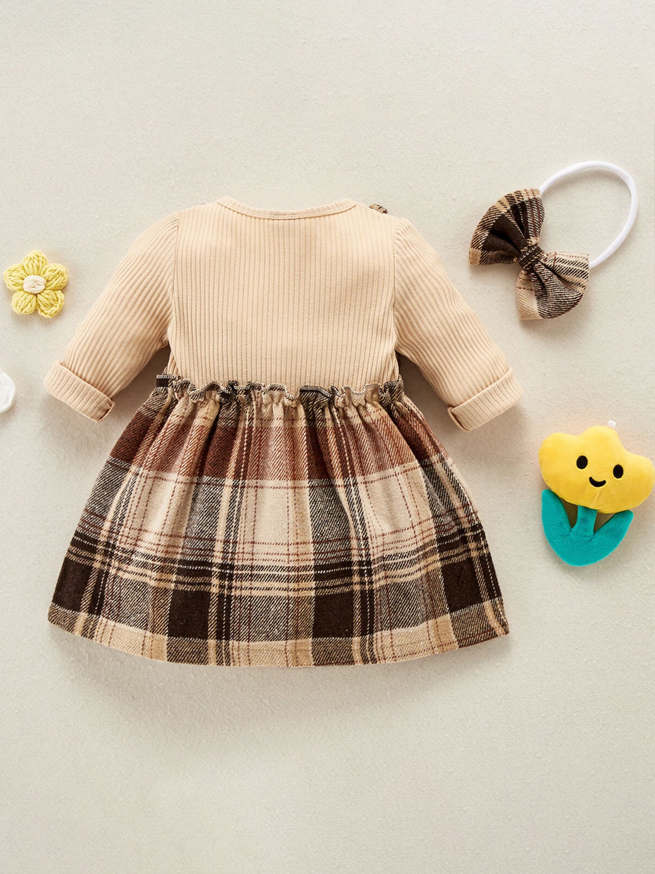 Plaid Print Dress & Headband Set for Baby Girl