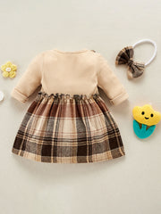 Plaid Print Dress & Headband Set for Baby Girl