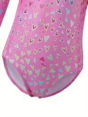 Girls Heart Graphic Flutter Trim Long Sleeve Gymnastics Leotard