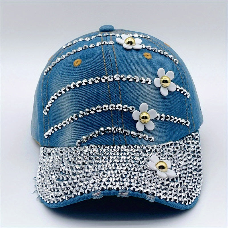Rhinestone Flower Decor Baseball Cap Washed Distressed Denim Sun Hat