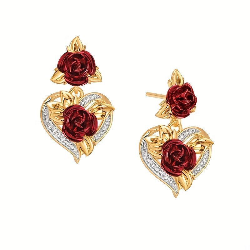 Heart Rose Flower Stud Earrings Rhinestone Decor