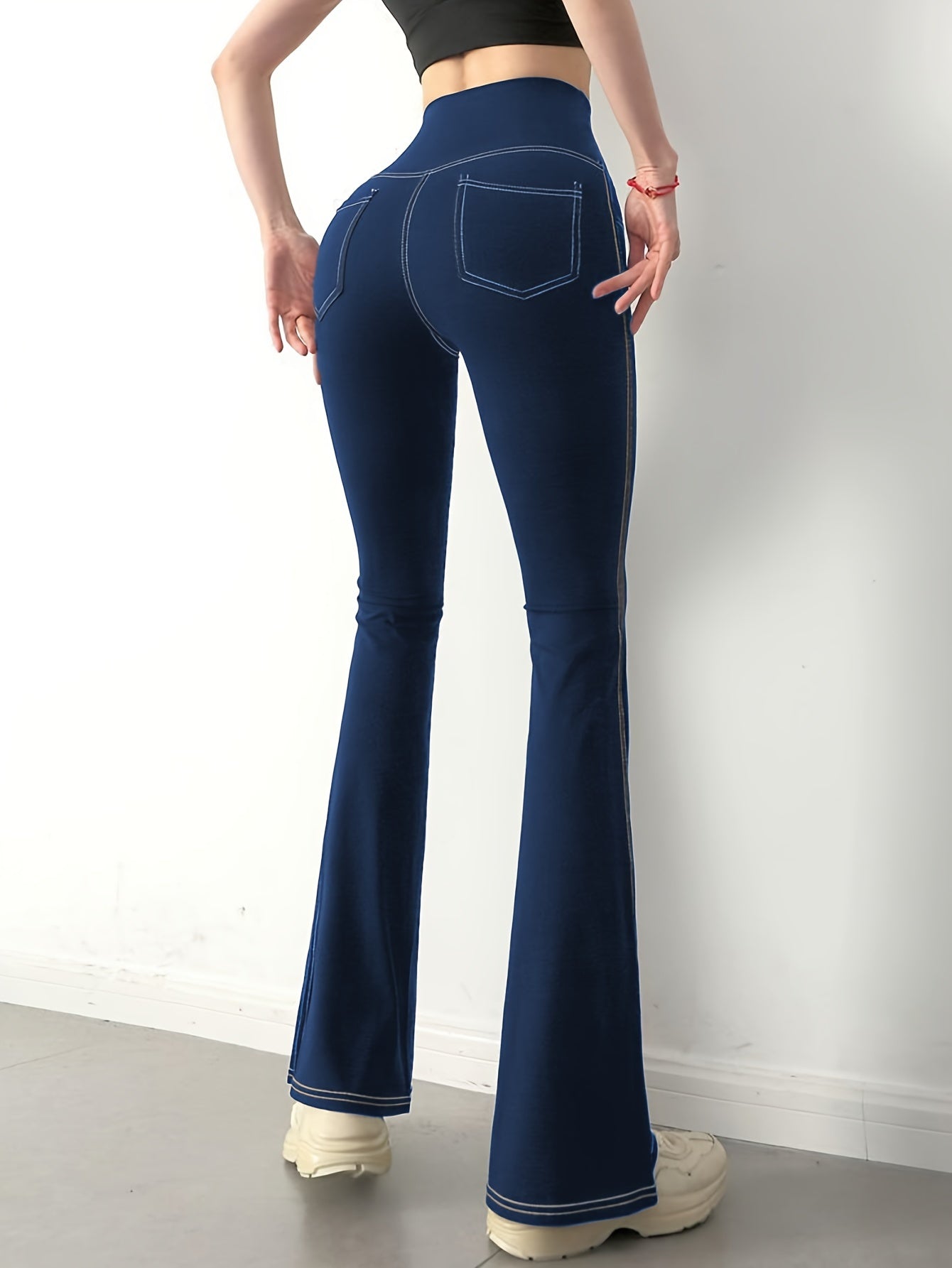 Solid Denim Yoga Pants With Pockets Sports Fitness Flared Leggings