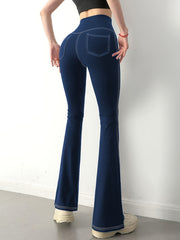 Solid Denim Yoga Pants With Pockets Sports Fitness Flared Leggings