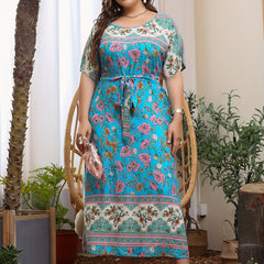 Women's Plus Colorblock Floral Maxi Dress With Belt