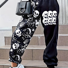 Skull Print Elastic Waist Jogger Pants Casual Loose Pants