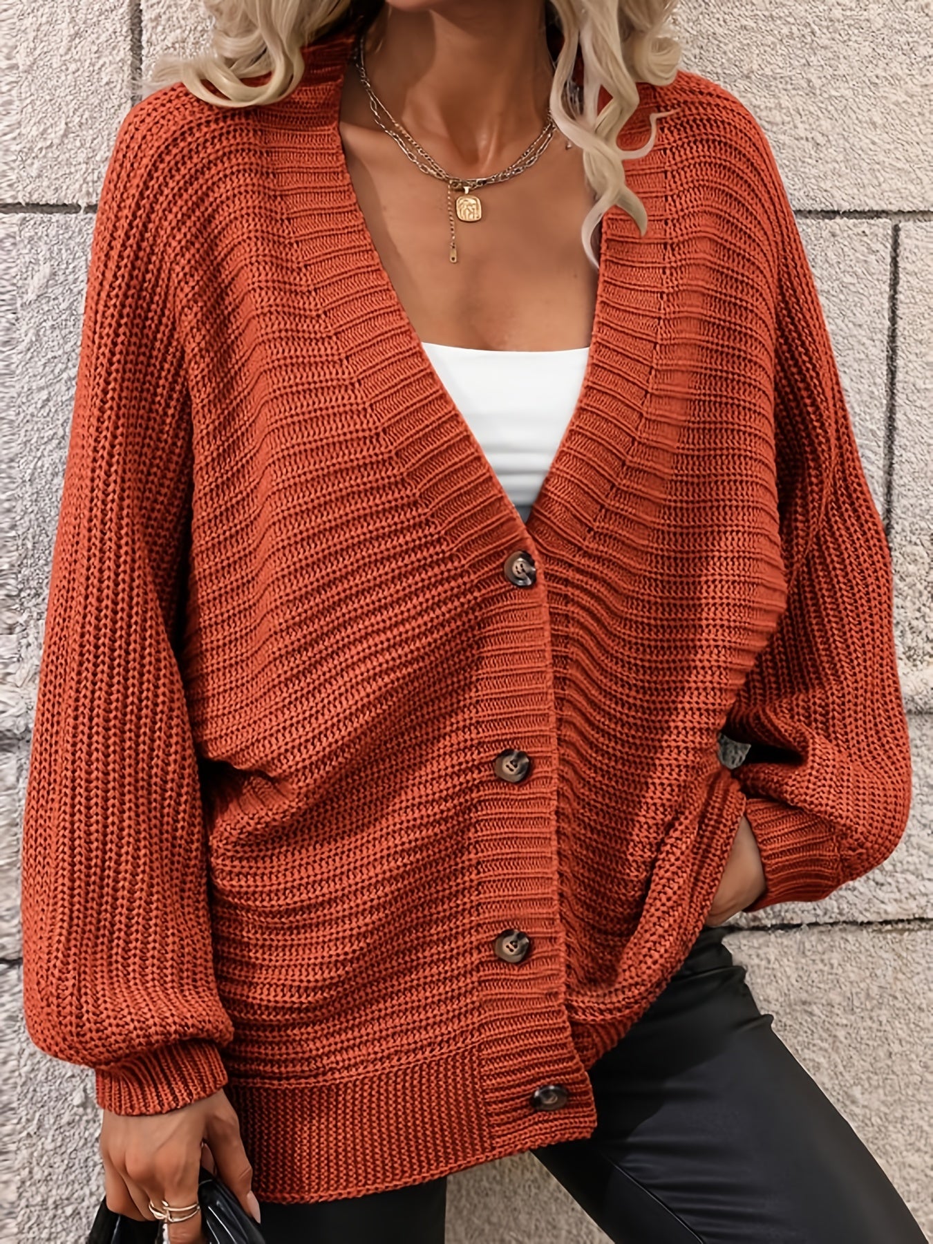 Solid Button Up Lantern Sleeve V Neck Cardigan