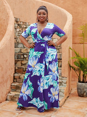 Floral Print V Neck Split Maxi Dress Plus Wrap Boho Stretch Long Dress