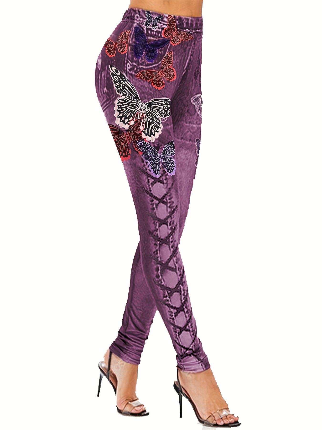 Butterfly & Denim Print Skinny Leggings Women's Casual Leggings C