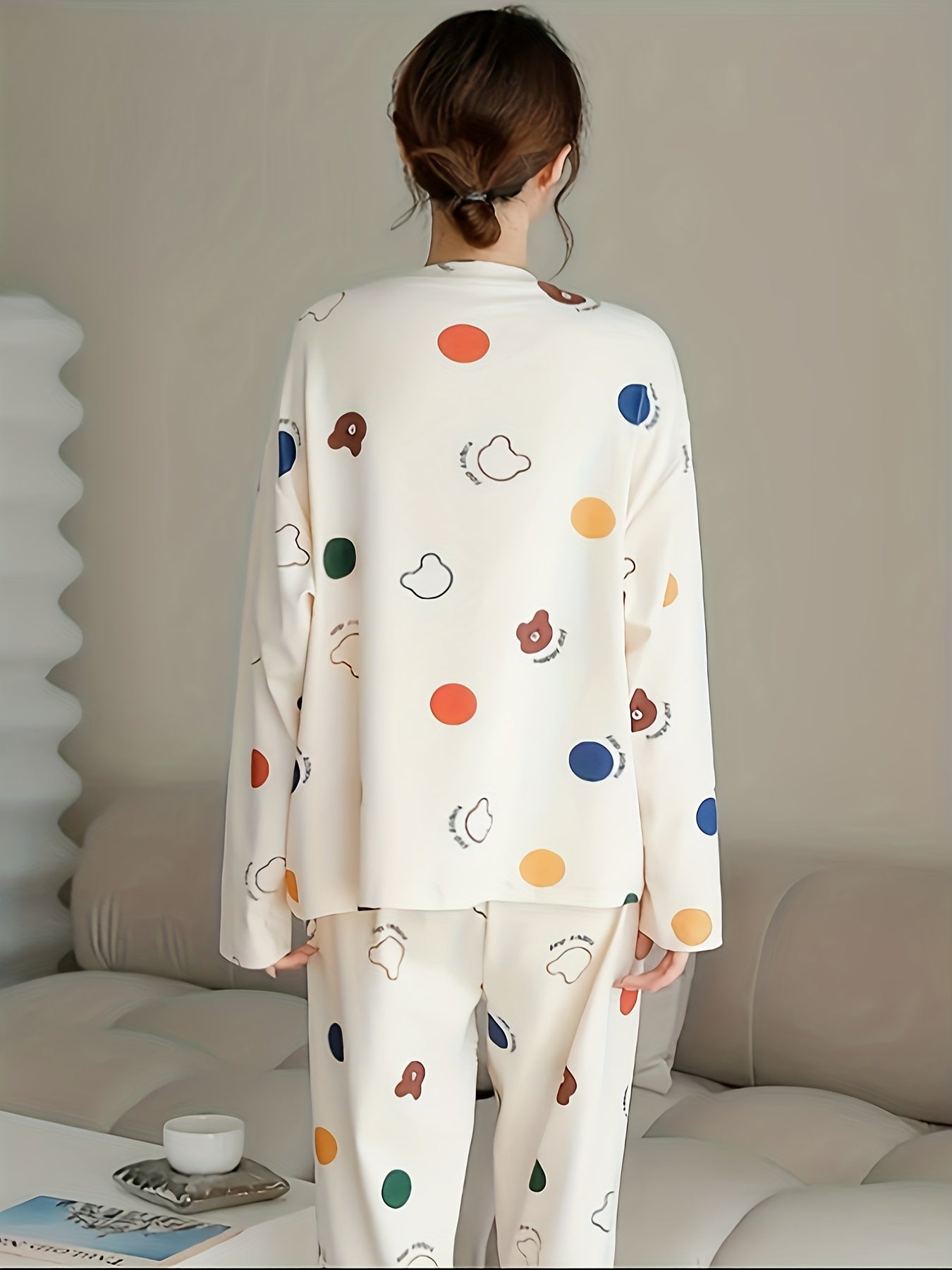 Bear Print Pajama Set Long Sleeve Crew Neck Top & Pants Women's Sleepwear