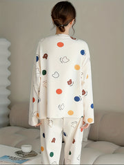 Bear Print Pajama Set Long Sleeve Crew Neck Top & Pants Women's Sleepwear