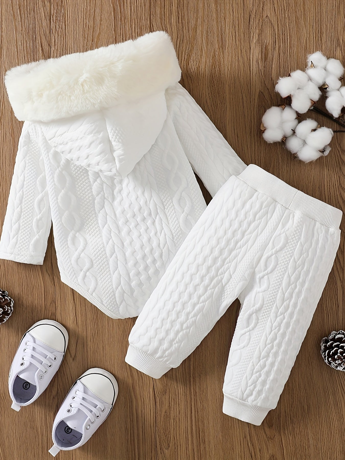 Toddler Baby Winter Thermal Furry Hooded Romper Pants Set