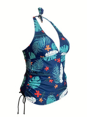Tropical Print Plus Size Tankini Set - Halter Neck Knot Top & Shorts