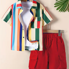 Boys Striped Shirt & Sport Shorts Set Comfortable for Summer Kids