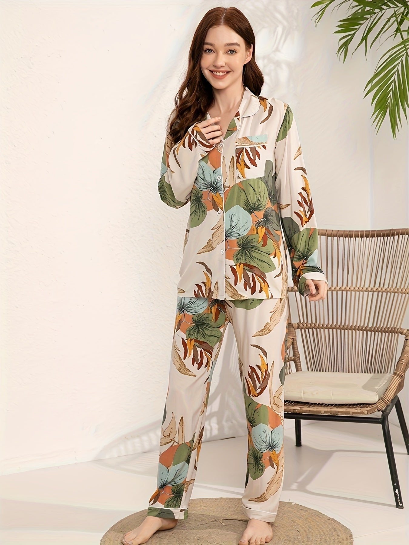 Floral Print Pajama Set Long Sleeve Button Up Top & Elastic Waistband Pants