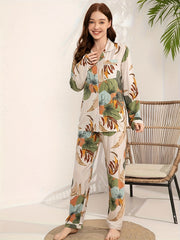 Floral Print Pajama Set Long Sleeve Button Up Top & Elastic Waistband Pants