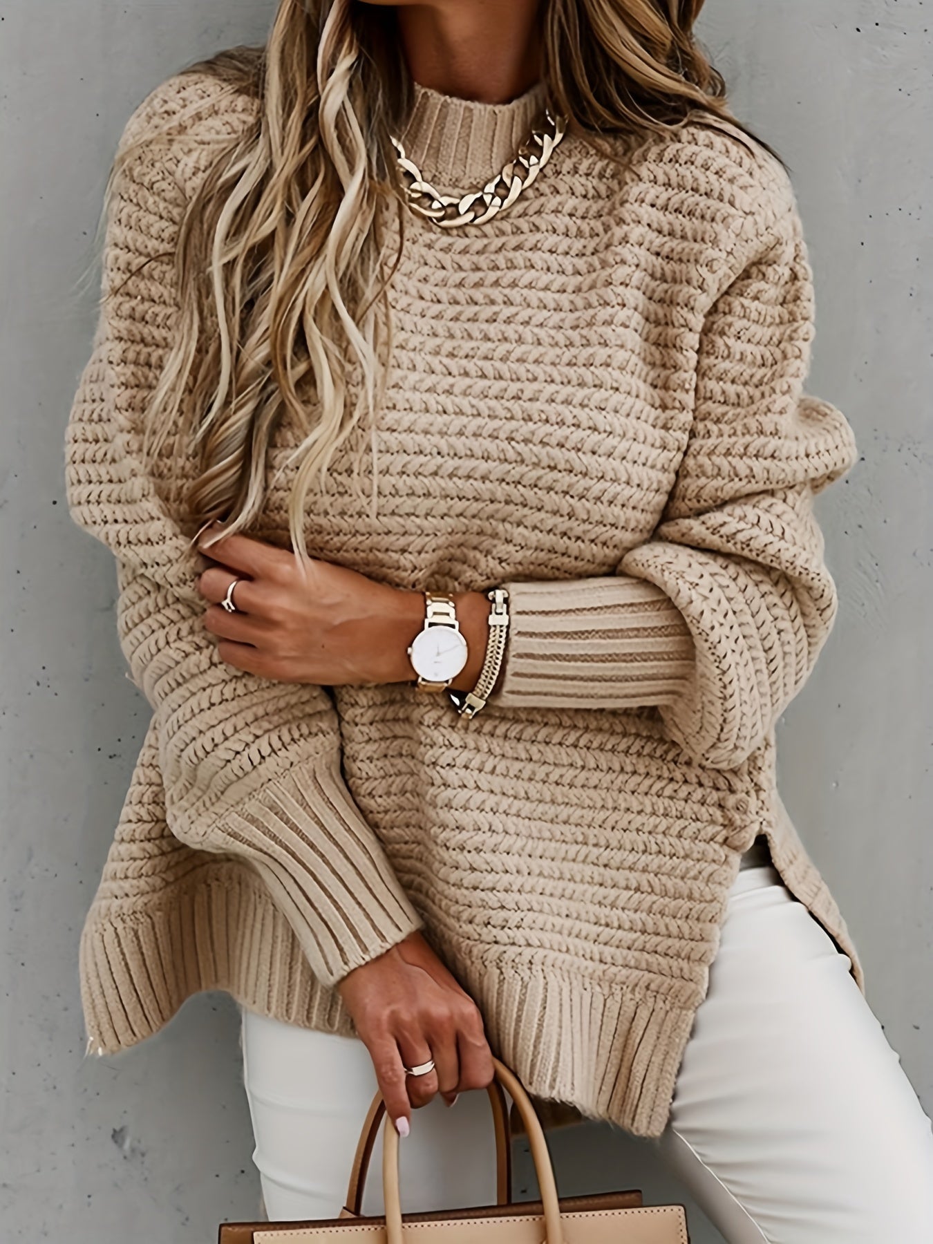 Chunky Knit Mock Neck Sweater Split Pullover for Fall & Winter Women's Clothing