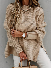 Chunky Knit Mock Neck Sweater Split Pullover for Fall & Winter Women's Clothing