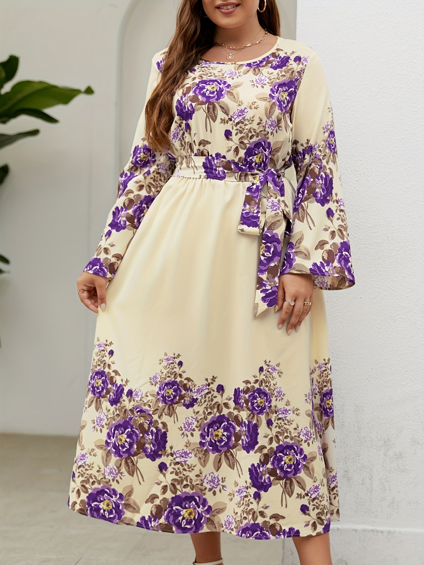 Floral Print Bell Sleeve Plus Size Maxi Dress With Belt