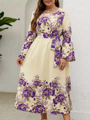 Floral Print Bell Sleeve Plus Size Maxi Dress With Belt