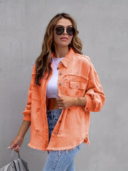 Denim Top Women's Ripped Button Up Long Sleeve